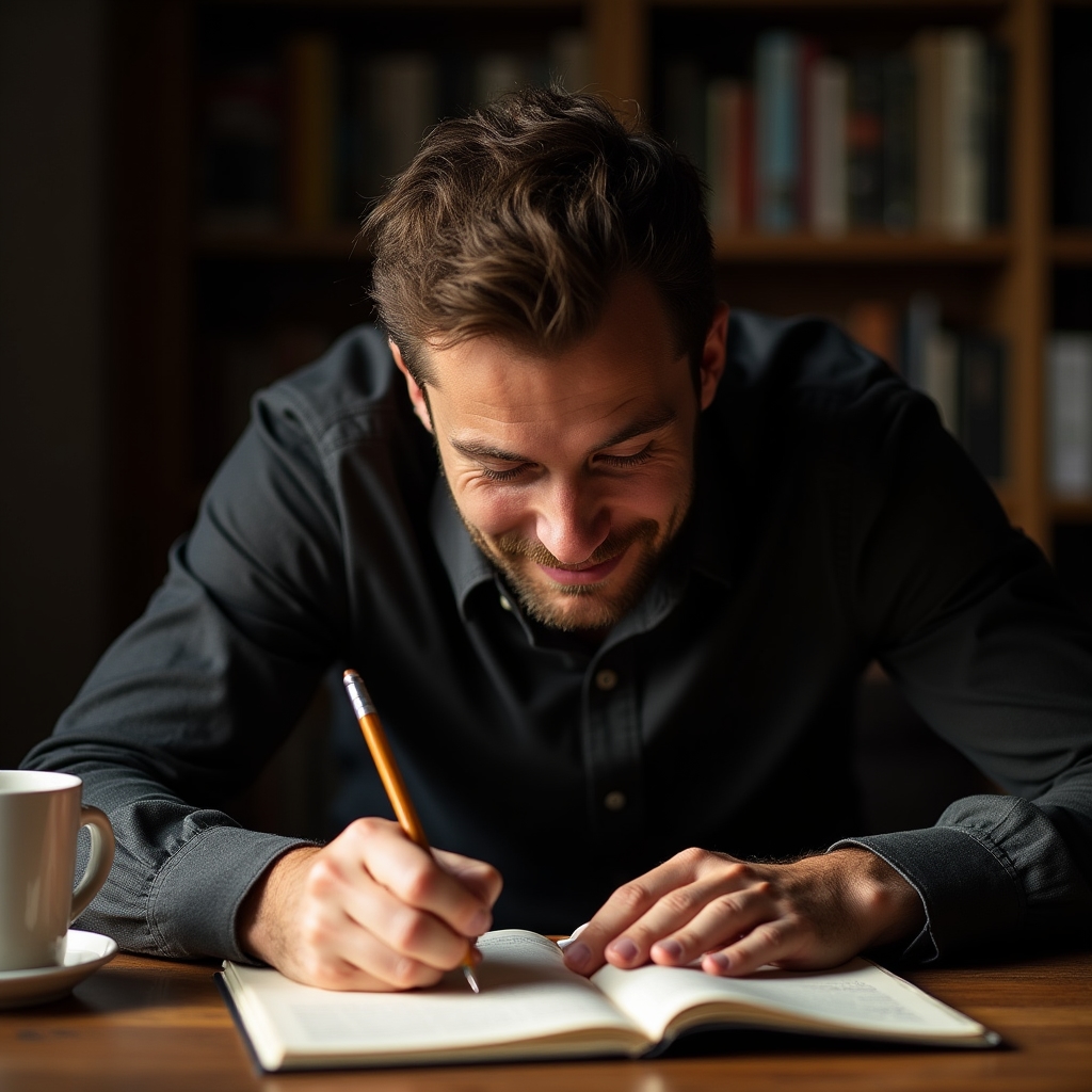 Person am Schreibtisch erlebt Klarheitsmoment beim Schreiben in ein Journal